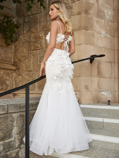 Applique Detail Backless Lace Up Cami Wedding Dress