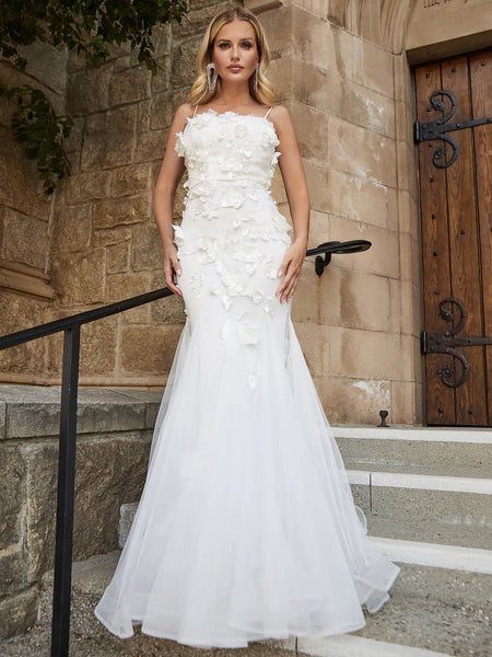 Applique Detail Backless Lace Up Cami Wedding Dress