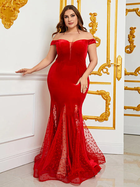 Red Off Shoulder Mesh Insert Mermaid Dresses