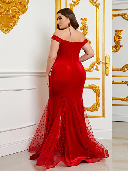 Red Off Shoulder Mesh Insert Mermaid Dresses