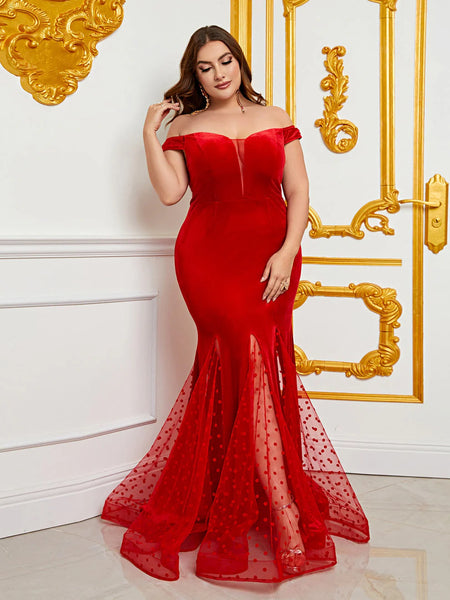 Red Off Shoulder Mesh Insert Mermaid Dresses