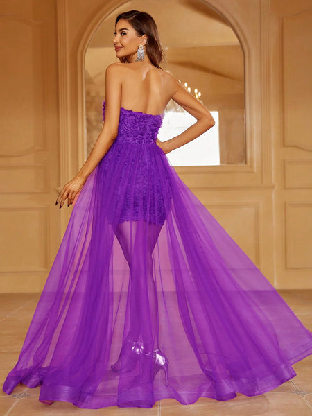 3D Flower Tube Bodycon Dress Mesh Layer On Waist
