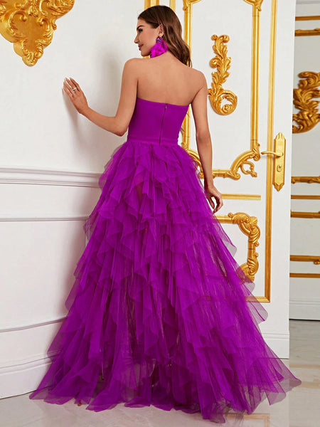 Mesh Overlay Split Thigh Tube Dress (Purple)