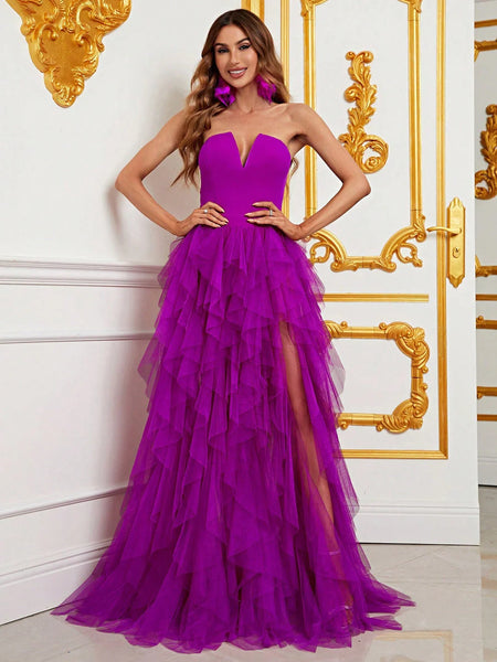 Mesh Overlay Split Thigh Tube Dress (Purple)