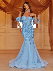 Off Shoulder Puff Sleeve Mermaid Hem 3D Flower Dress