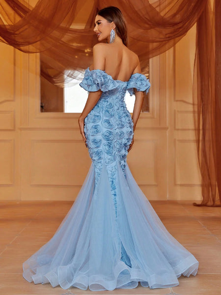 Off Shoulder Puff Sleeve Mermaid Hem 3D Flower Dress