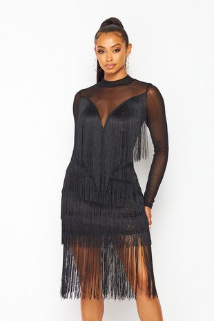 After Dark Fringe Tier and Mesh Midi Dress