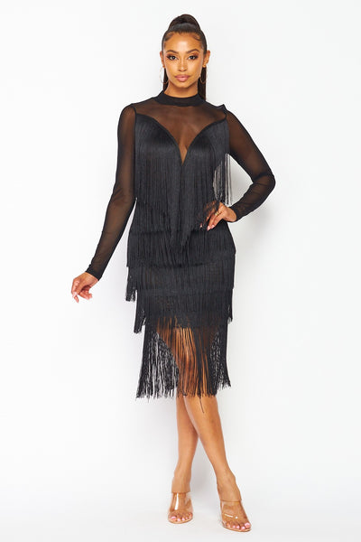 After Dark Fringe Tier and Mesh Midi Dress