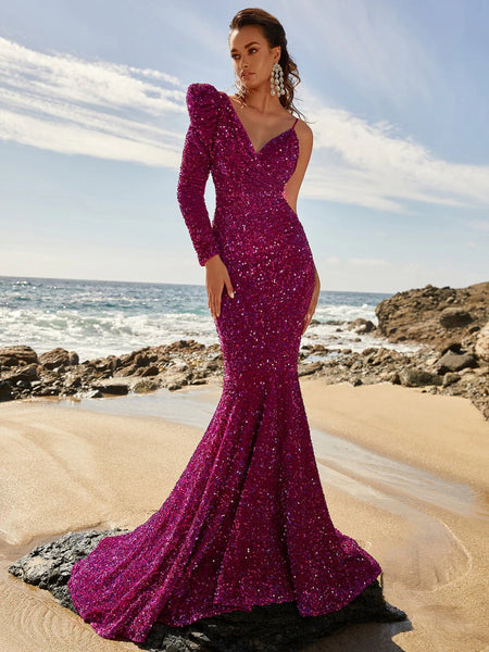 One Shoulder Long Sleeve Sequin Mermaid Dress