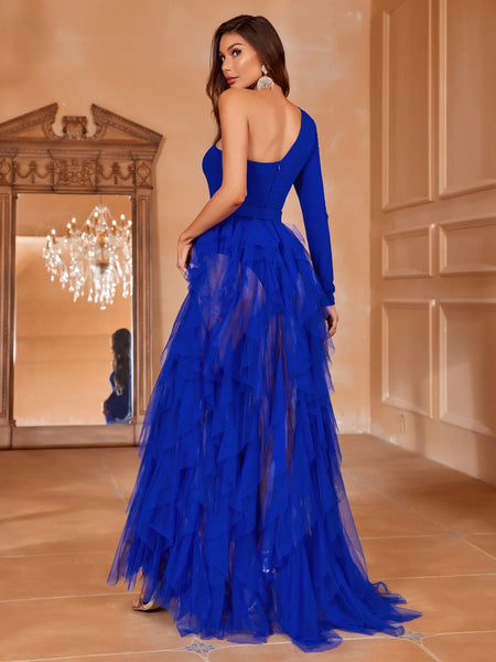 Asymmetrical One Shoulder Mesh Overlay Dress