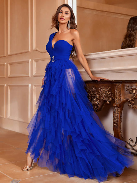 Asymmetrical One Shoulder Mesh Overlay Dress