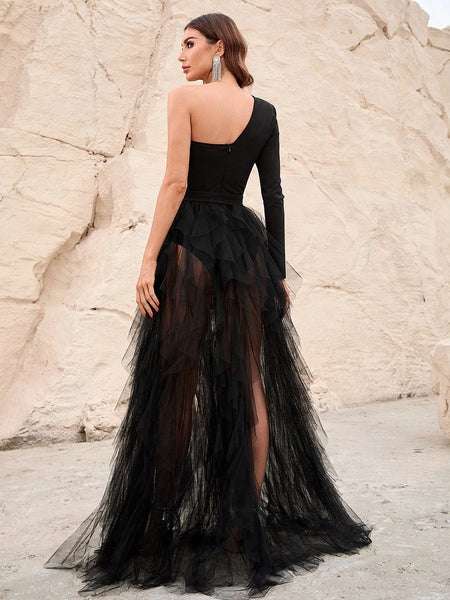 Asymmetrical One Shoulder Mesh Overlay Dress