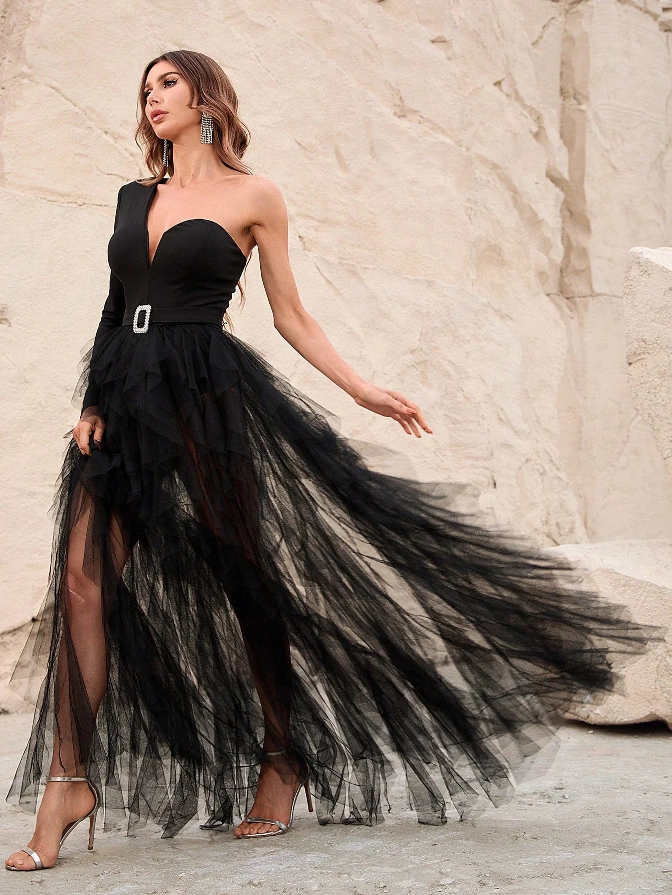Asymmetrical One Shoulder Mesh Overlay Dress