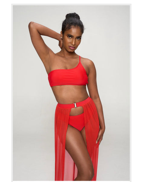 Red Becomes Her Swimsuit and Skirt