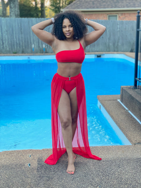 Red Becomes Her Swimsuit and Skirt